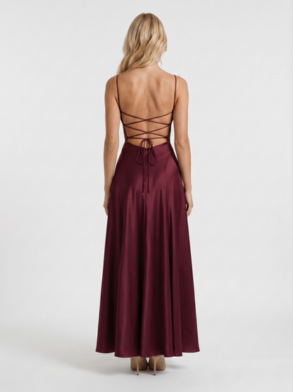 Women cherry lacquer satin cowl neck maxi dress with open back, back view