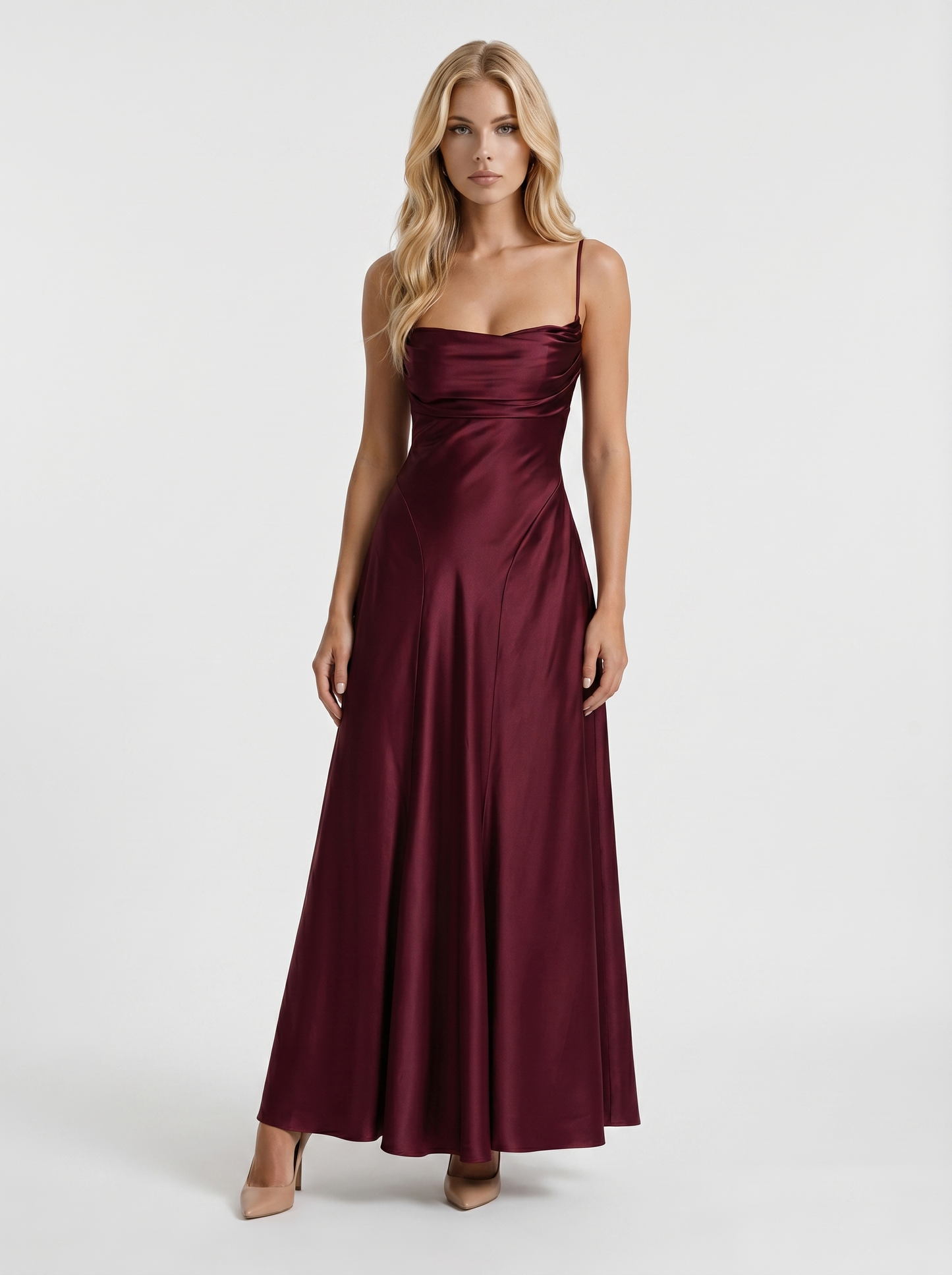 Women cherry lacquer satin cowl neck maxi dress with spaghetti straps and A line skirt, front view