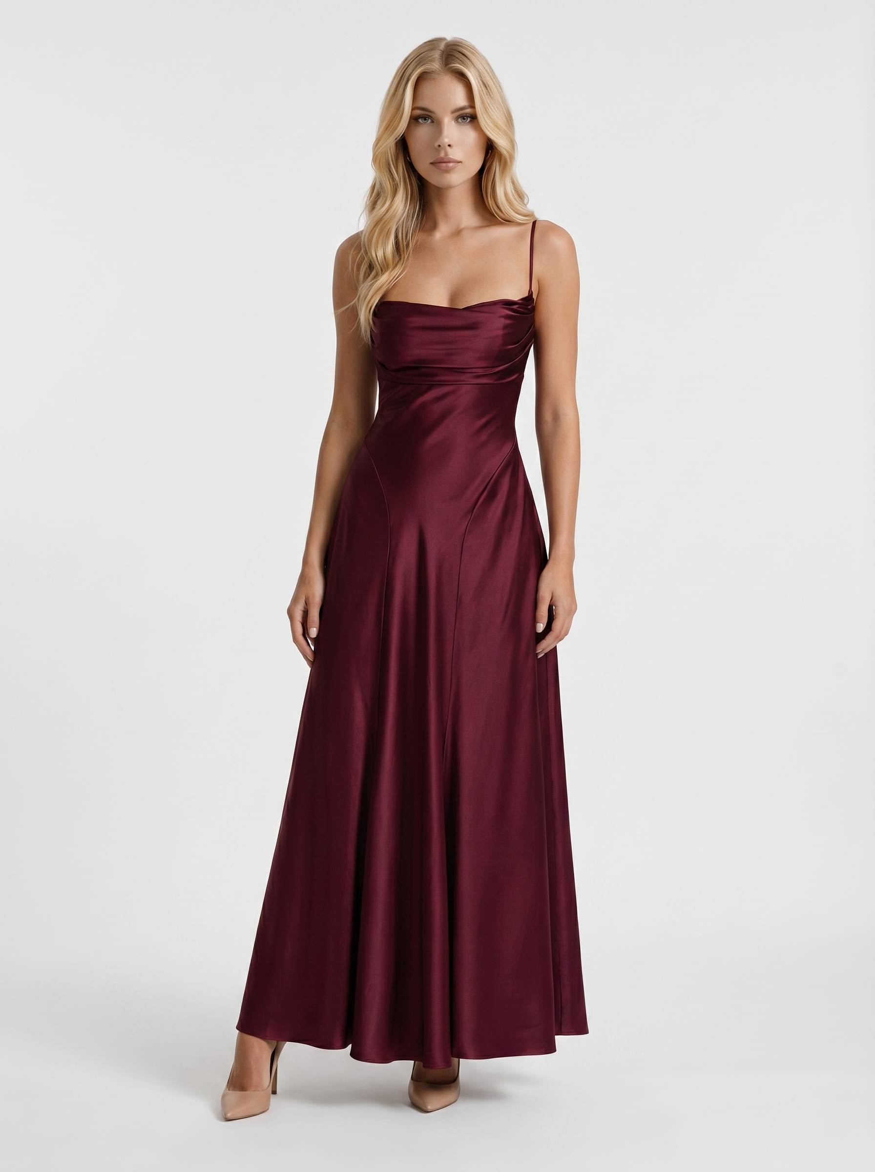 Women cherry lacquer satin cowl neck maxi dress with spaghetti straps and A line skirt, front view