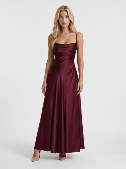 Women cherry lacquer satin cowl neck maxi dress with spaghetti straps and A line skirt, front view