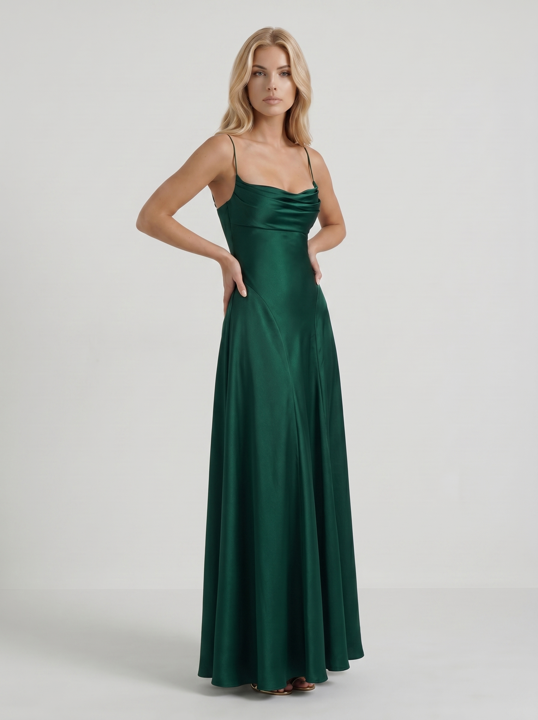 Women emerald satin cowl neck maxi dress with A line skirt, 45 degree angle