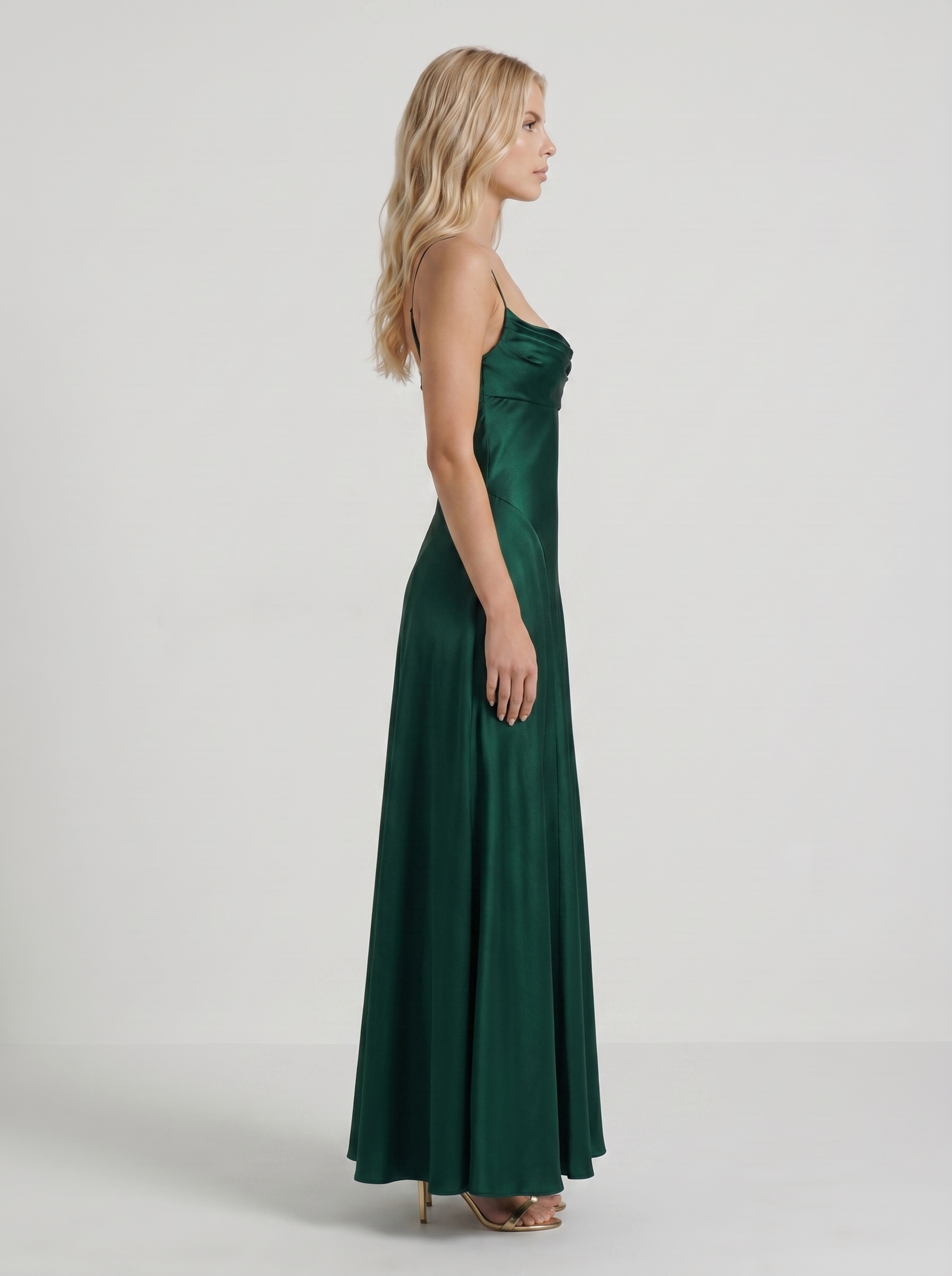 Women emerald satin cowl neck maxi dress with side ruching, side profile
