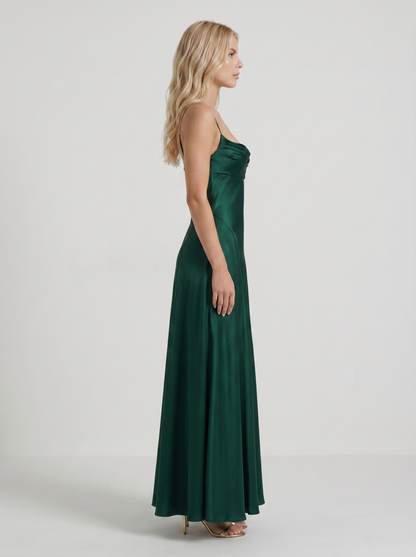 Women emerald satin cowl neck maxi dress with side ruching, side profile