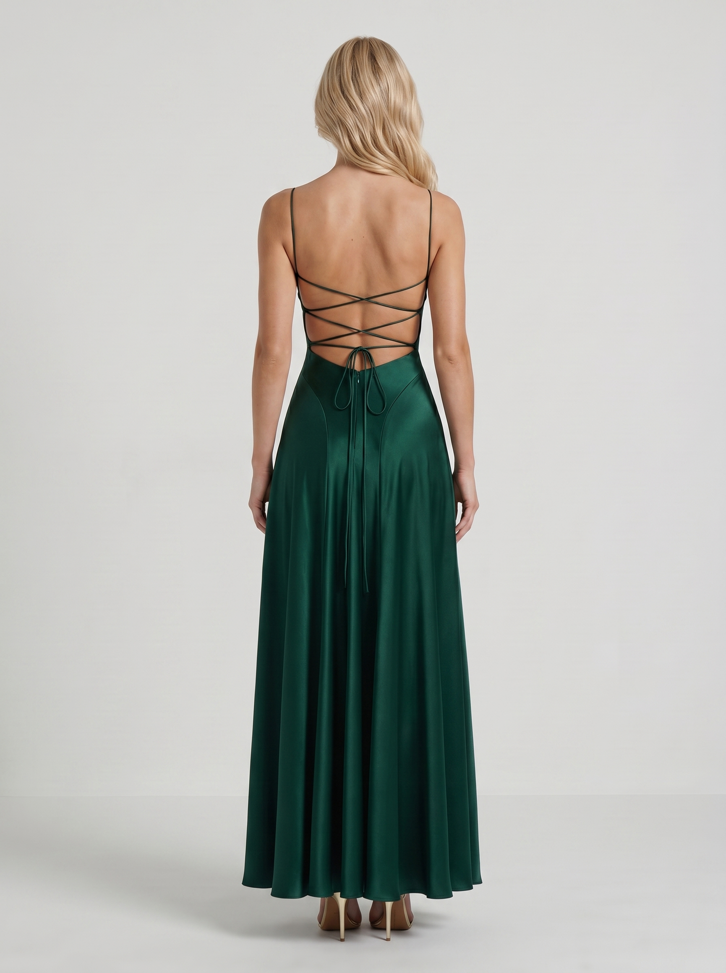Women emerald satin cowl neck maxi dress with open back, back view