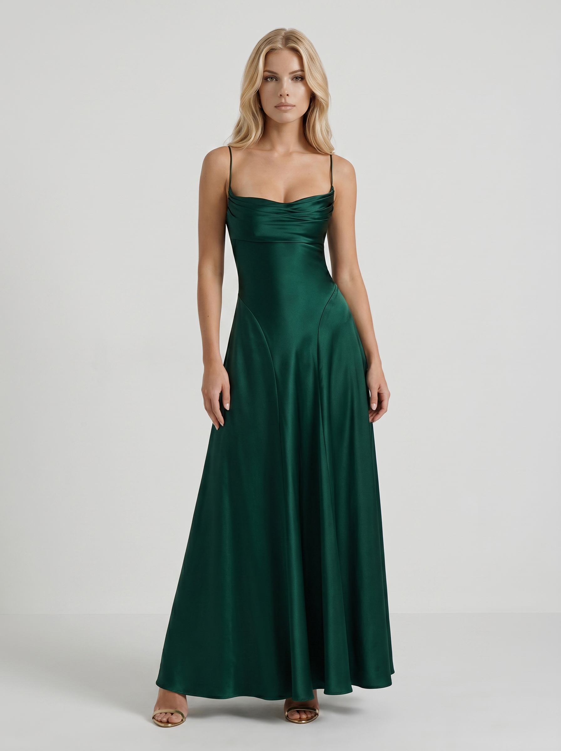 Women emerald satin cowl neck maxi dress with spaghetti straps and A line skirt, front view