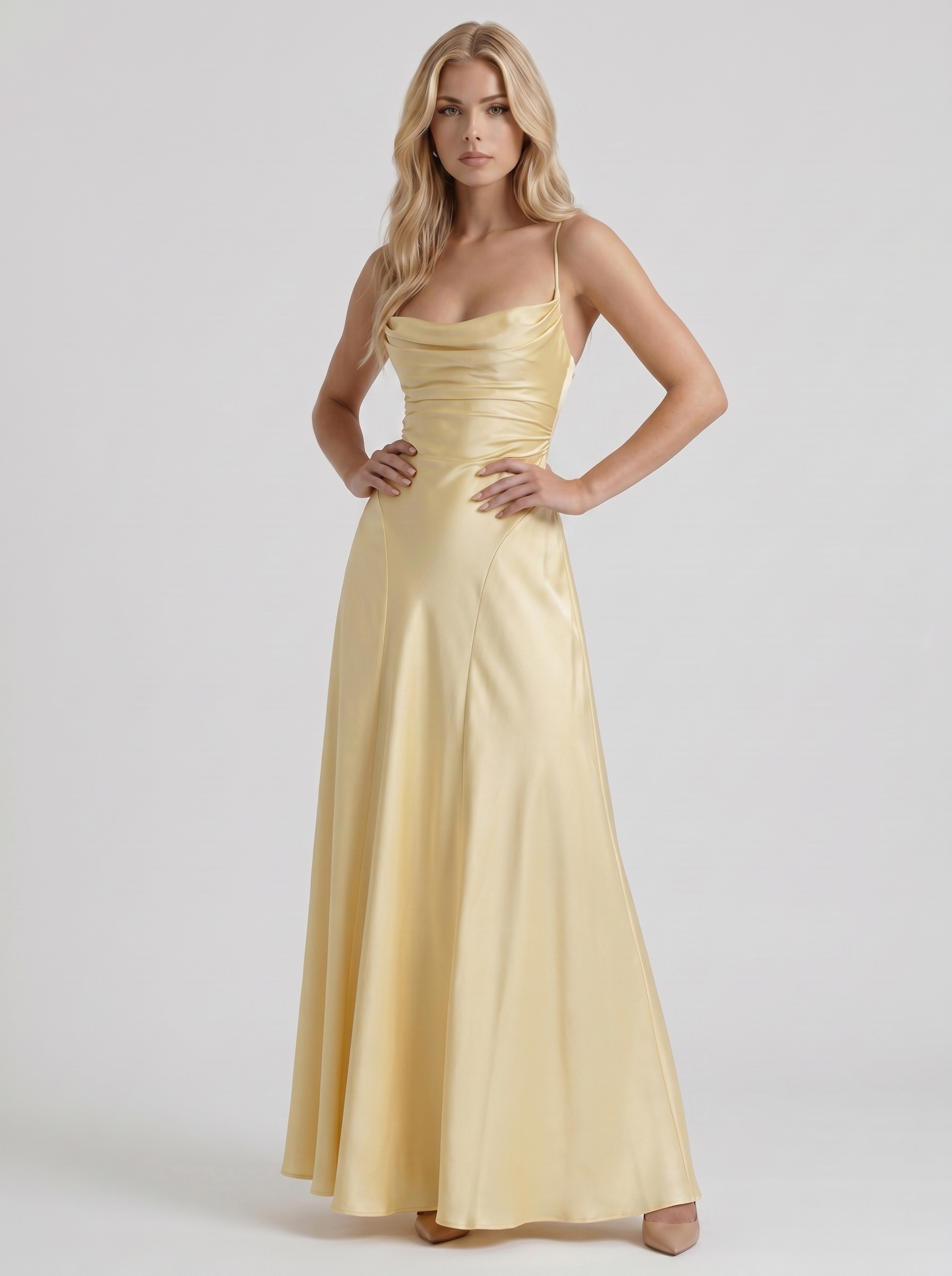 Women lemon satin cowl neck maxi dress with A line skirt, 45 degree angle
