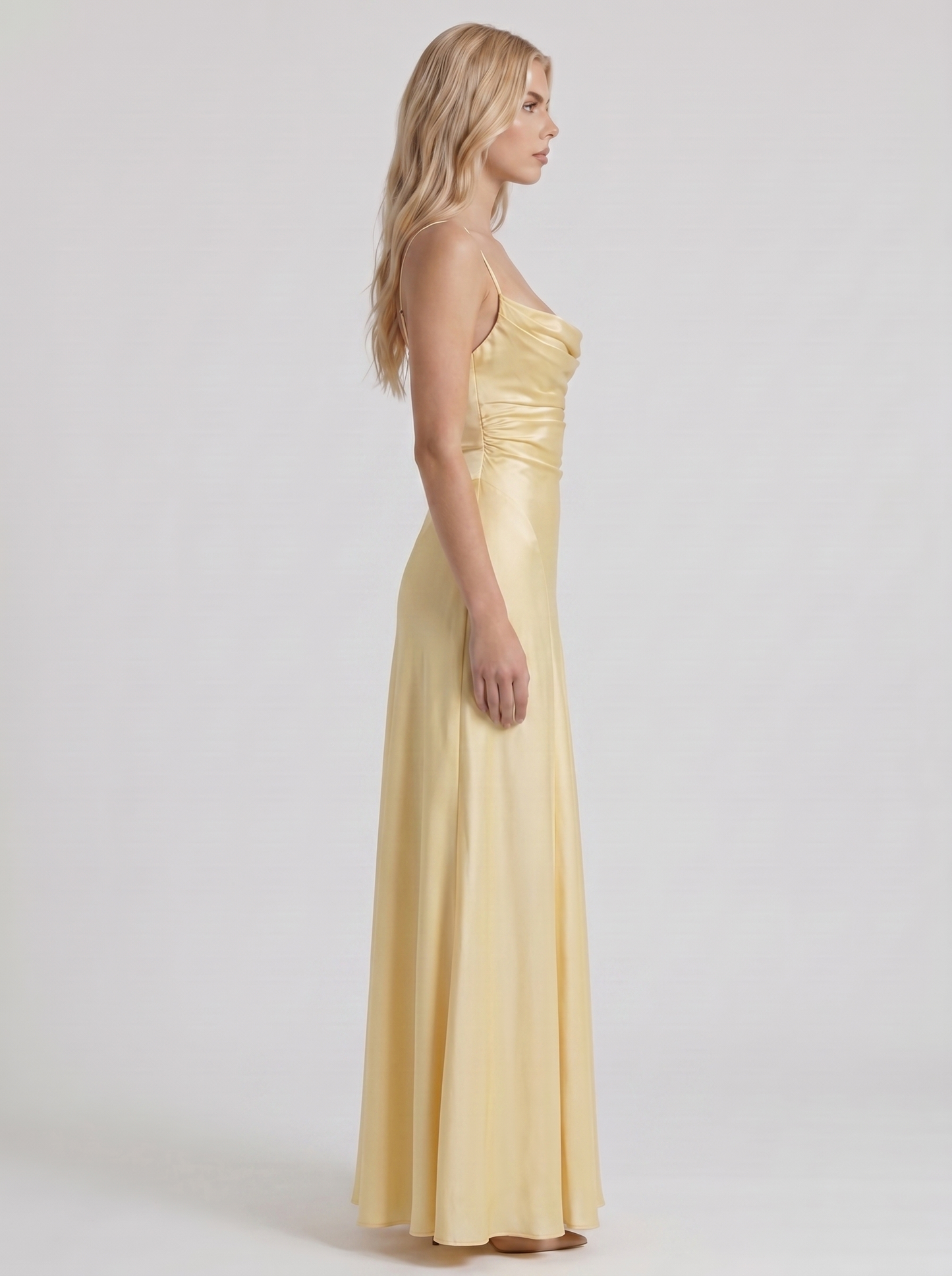 Women lemon satin cowl neck maxi dress with side ruching, side profile