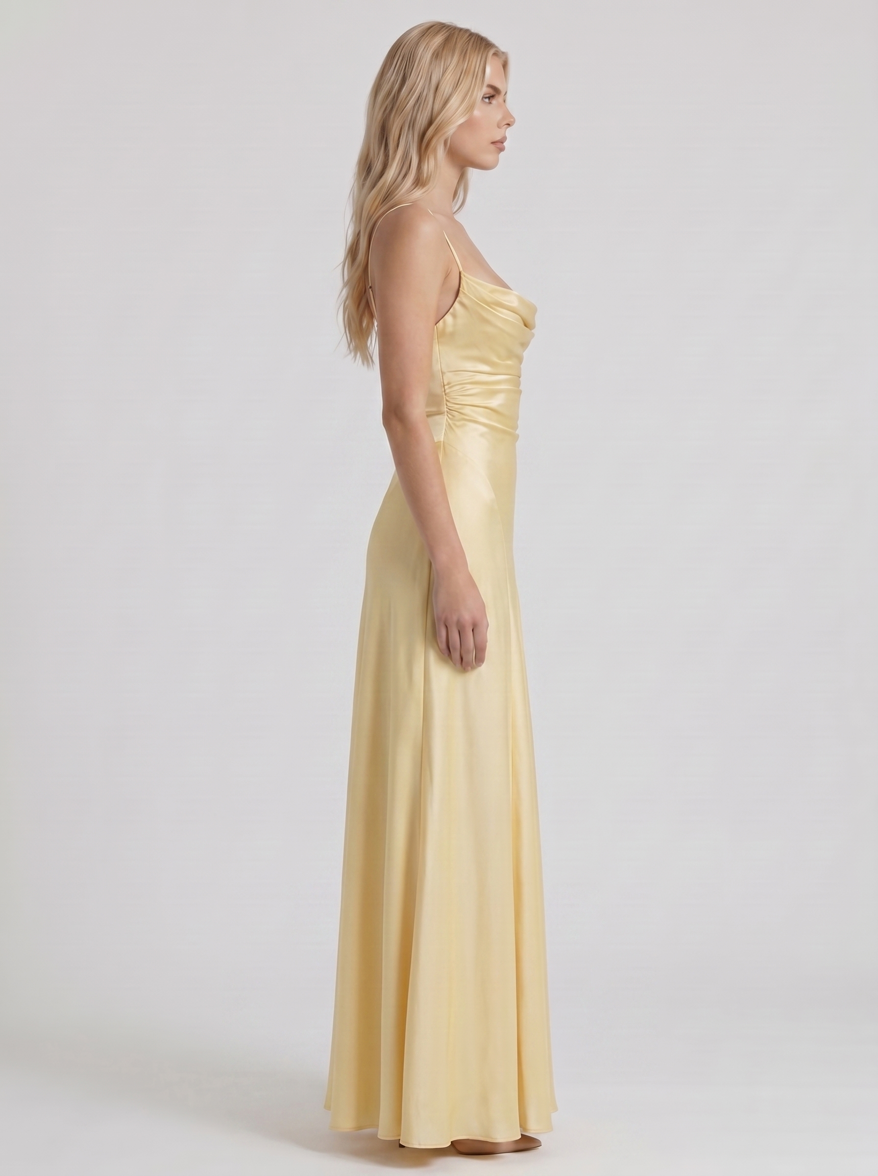 Women lemon satin cowl neck maxi dress with side ruching, side profile