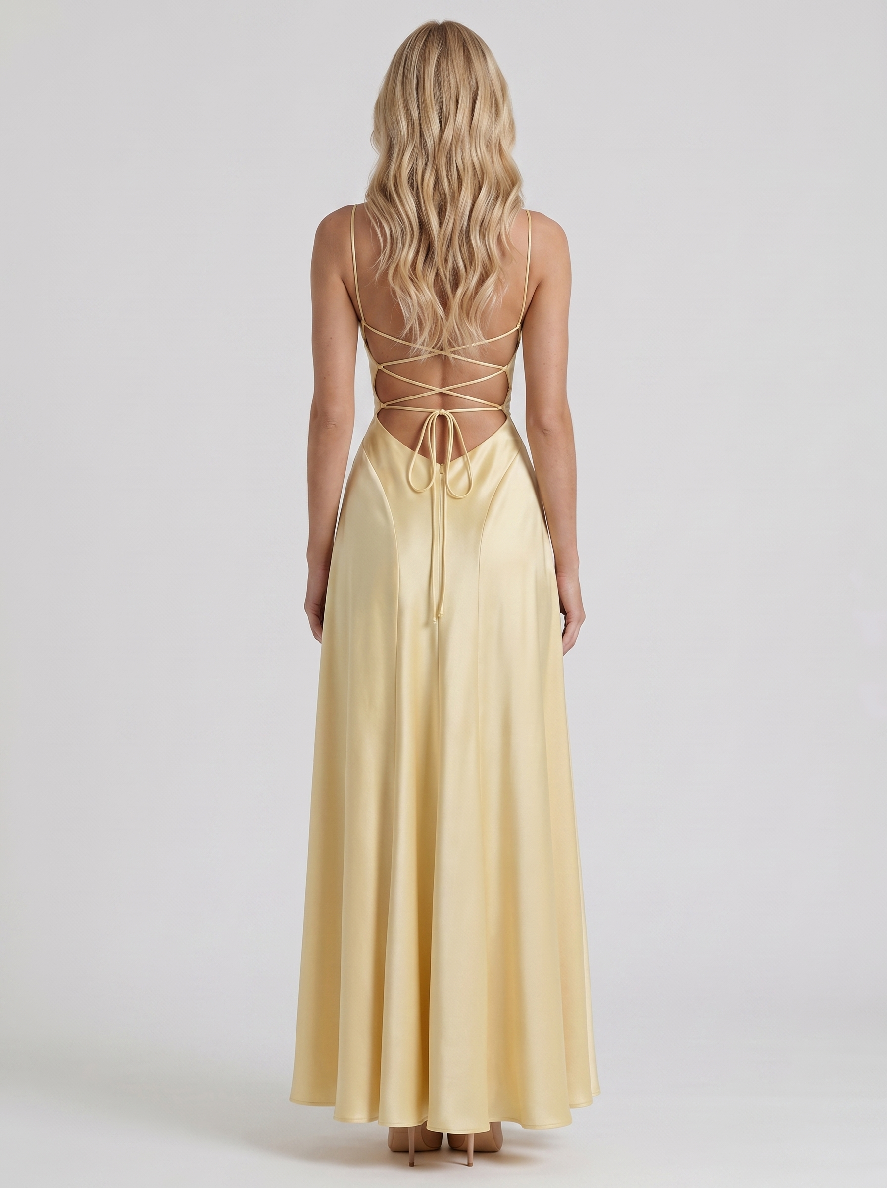 Women lemon satin cowl neck maxi dress with open back, back view