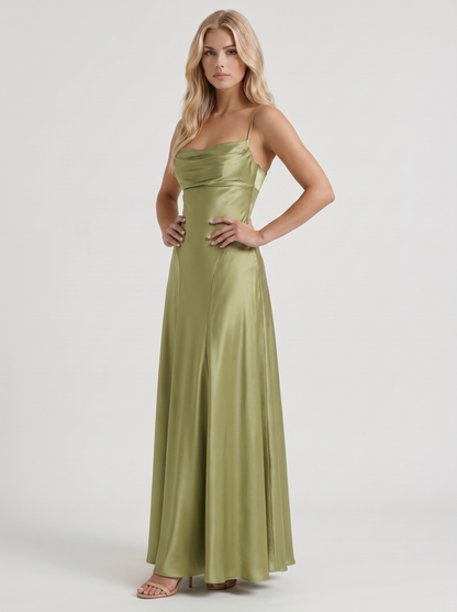 Women light olive satin cowl neck maxi dress with A line skirt, 45 degree angle