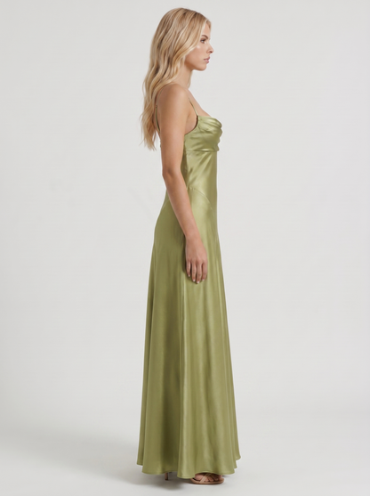 Women light olive satin cowl neck maxi dress with side ruching, side profile