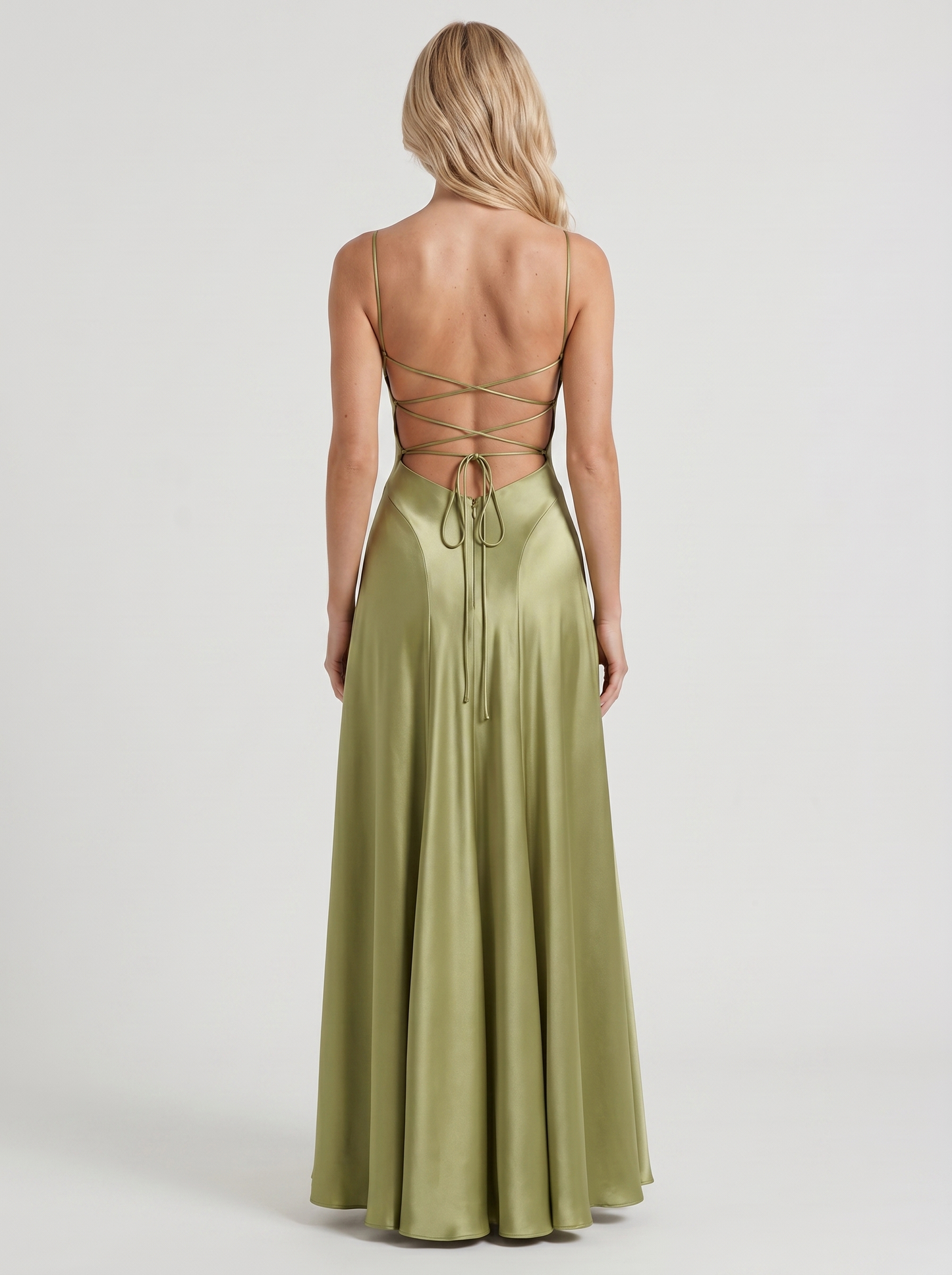Women light olive satin cowl neck maxi dress with open back, back view