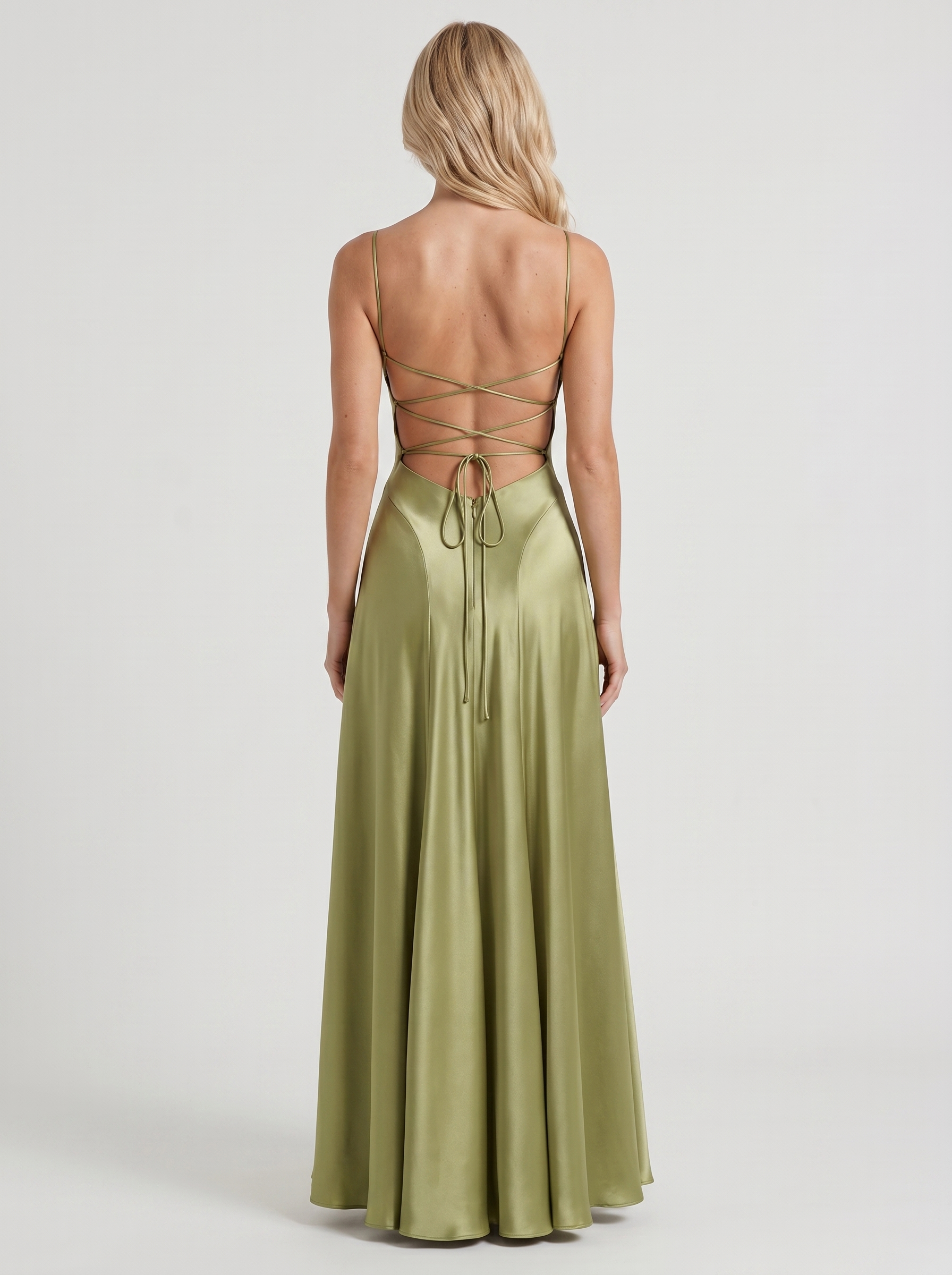 Women light olive satin cowl neck maxi dress with open back, back view
