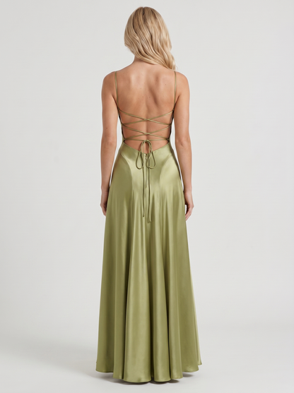 Women light olive satin cowl neck maxi dress with open back, back view