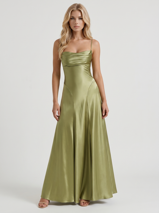 Women light olive satin cowl neck maxi dress with spaghetti straps and A line skirt, front view
