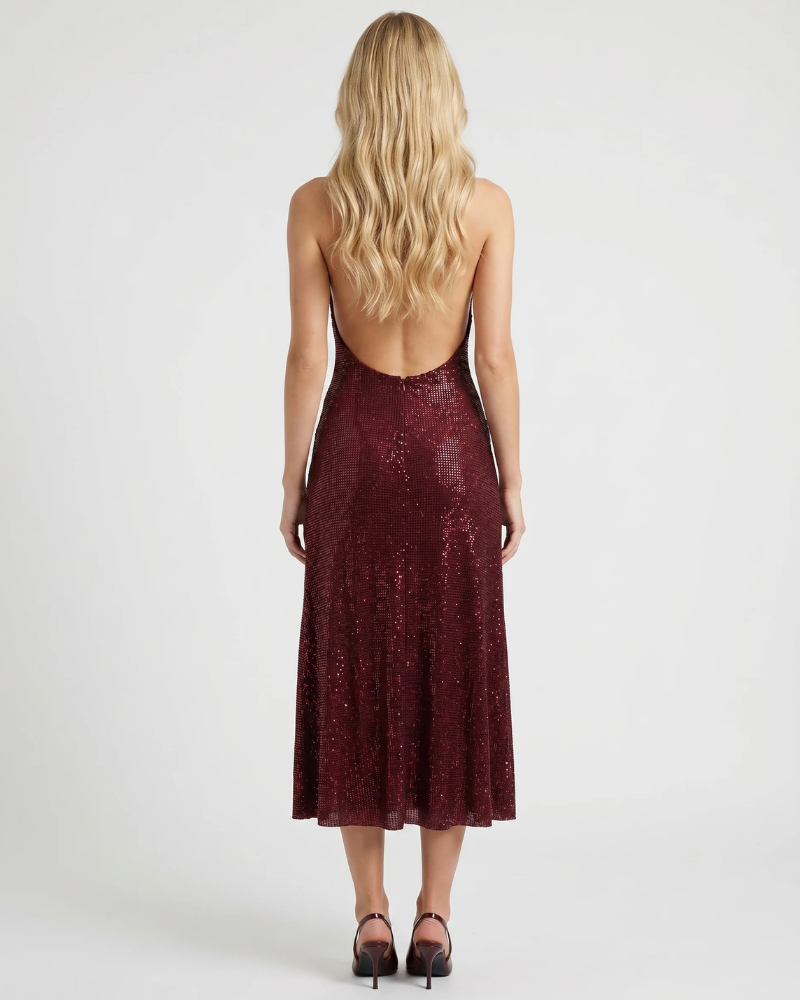 Women's Burgundy Sequin Plunge Halter Cocktail Midi Dress – Kaylas Collectives