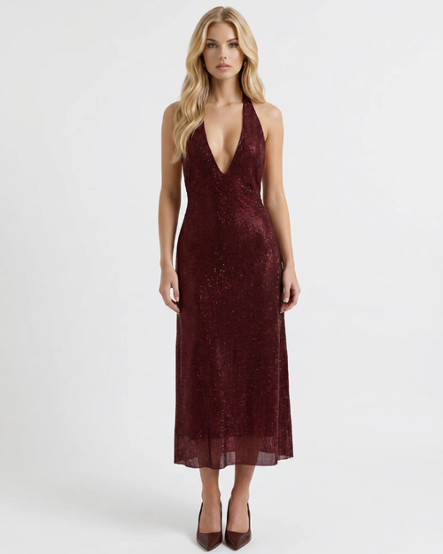 Emily Sequin Midi Dress - Burgundy