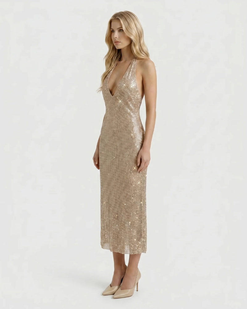 Emily Sequin Midi Dress - Rose Gold