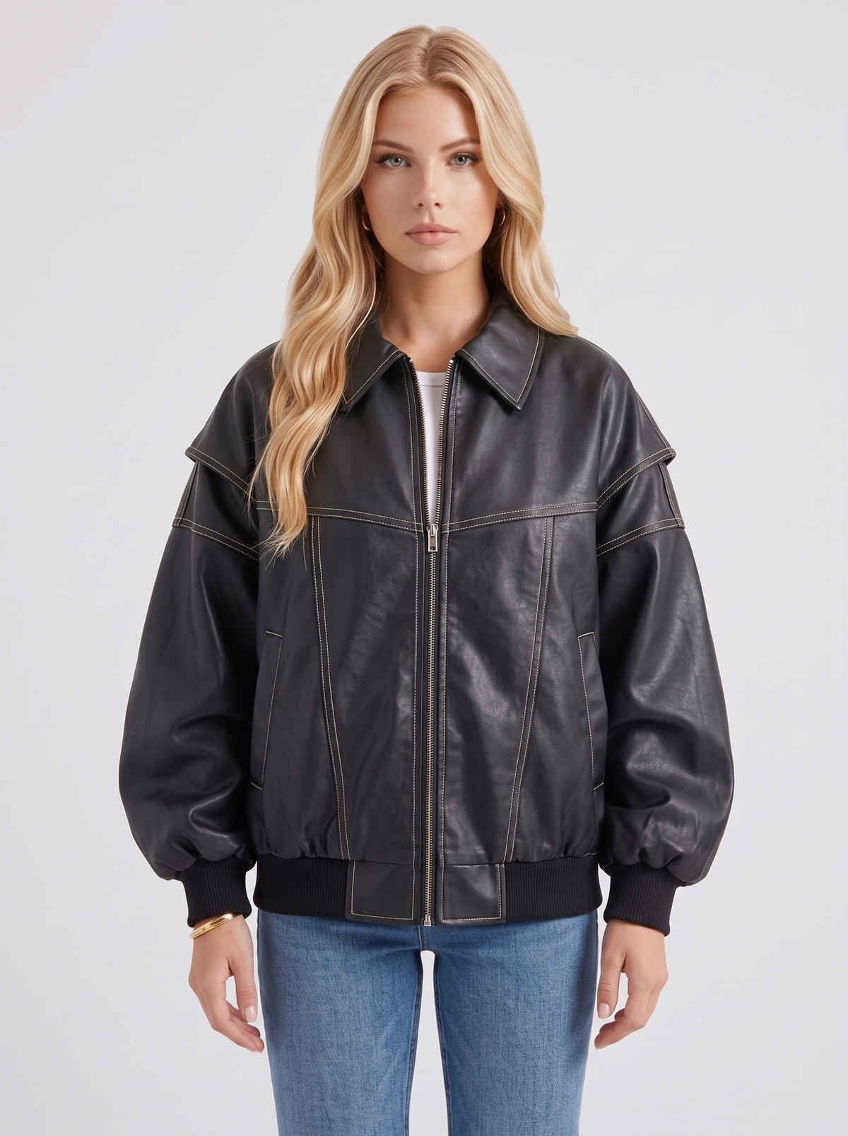 Esme Leather Bomber - Black