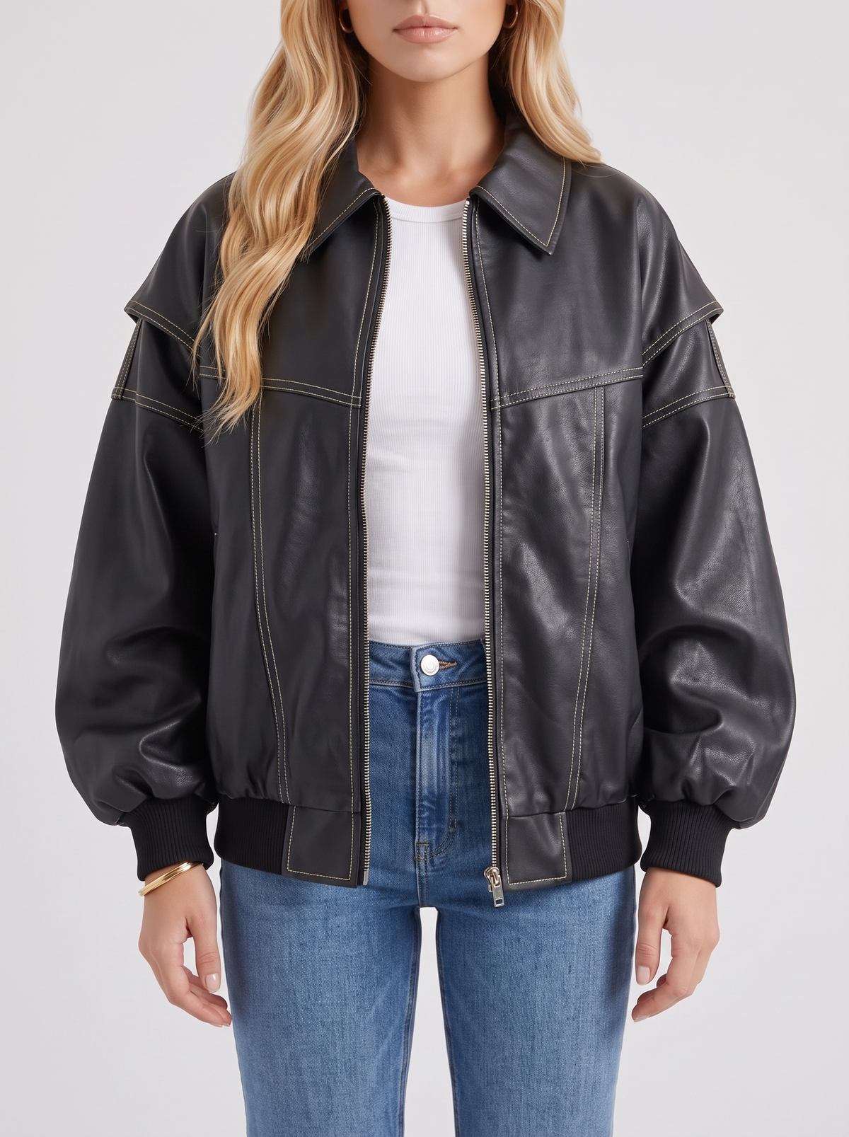 Esme Leather Bomber - Black