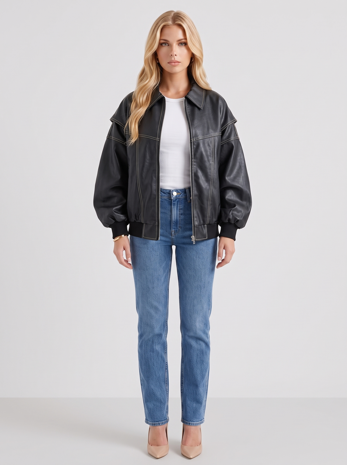 Esme Leather Bomber - Black
