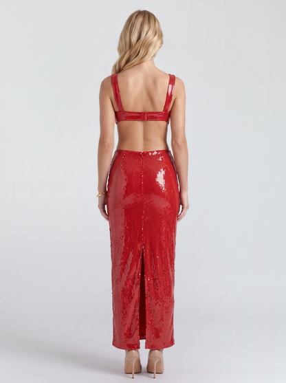 Estella Sequin Maxi Dress - Glossy Red