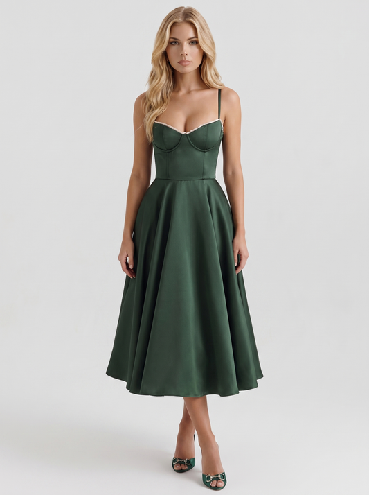 Women forest green sweetheart corset bodycon midi dress, front full view