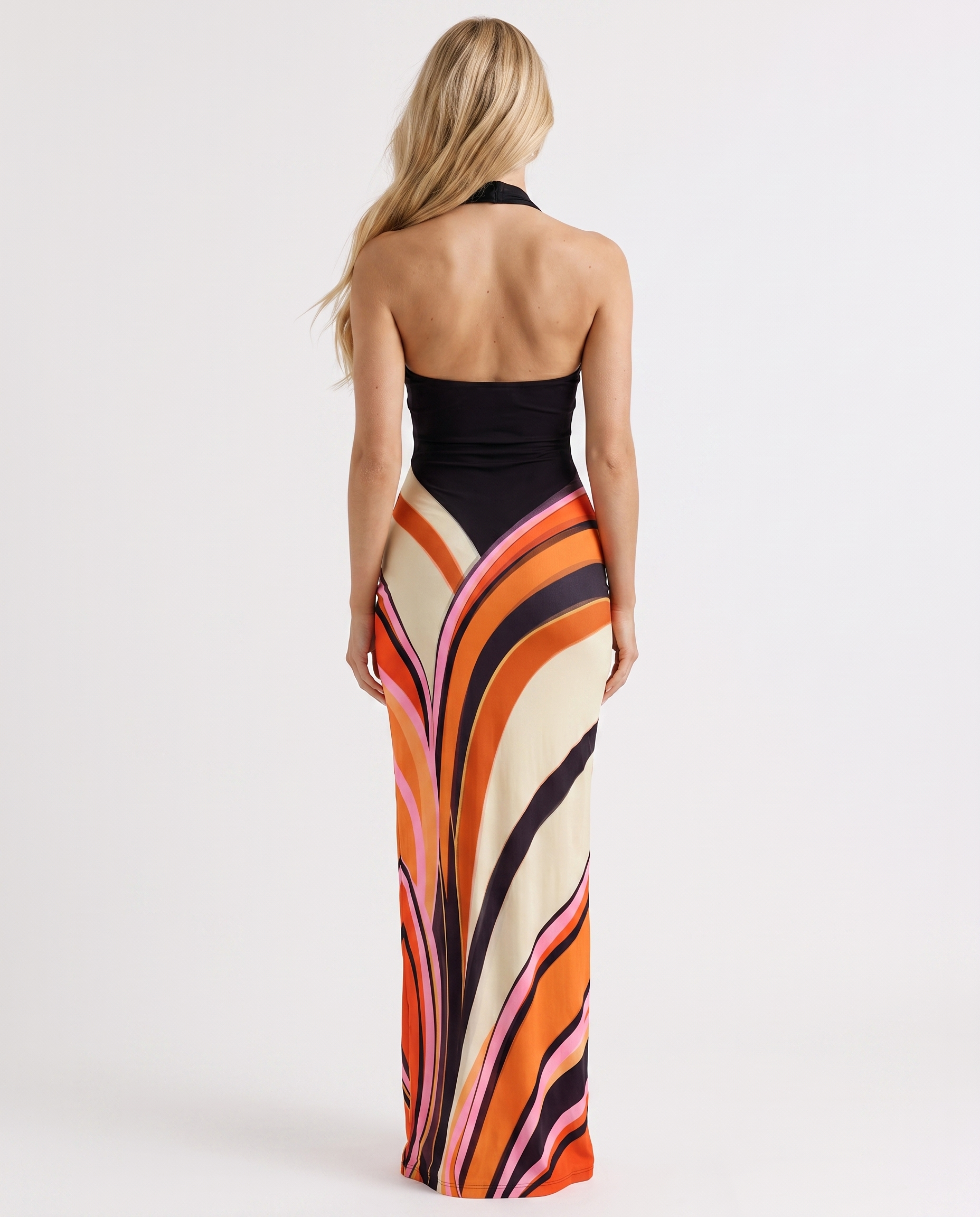 Women multicolor halter maxi dress with fitted black bodice and swirl print skirt