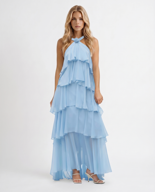 Women light blue halter neck tiered maxi dress with cascading ruffle skirt, front full view