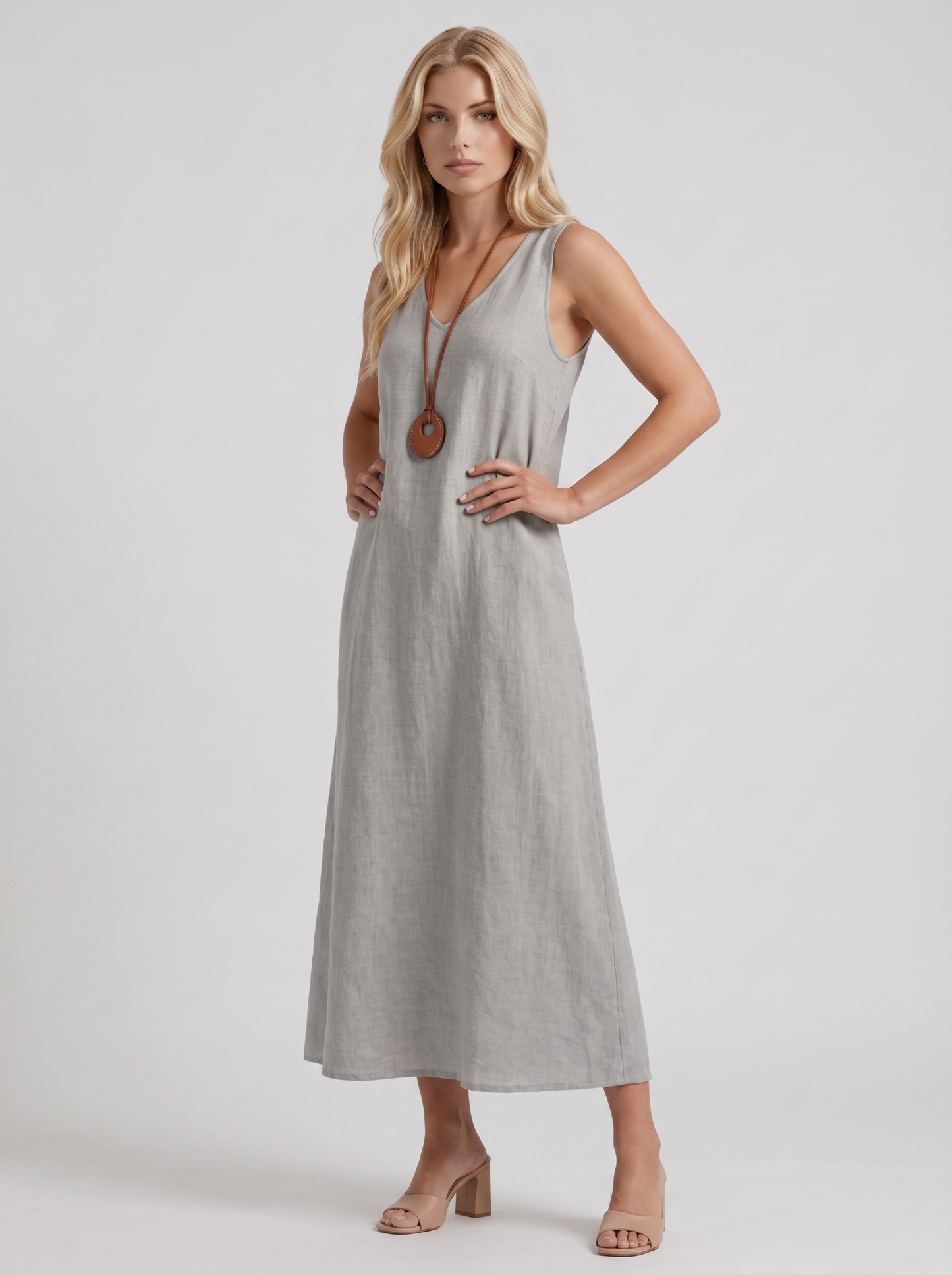 Women grey midi dress with v neckline and sleeveless