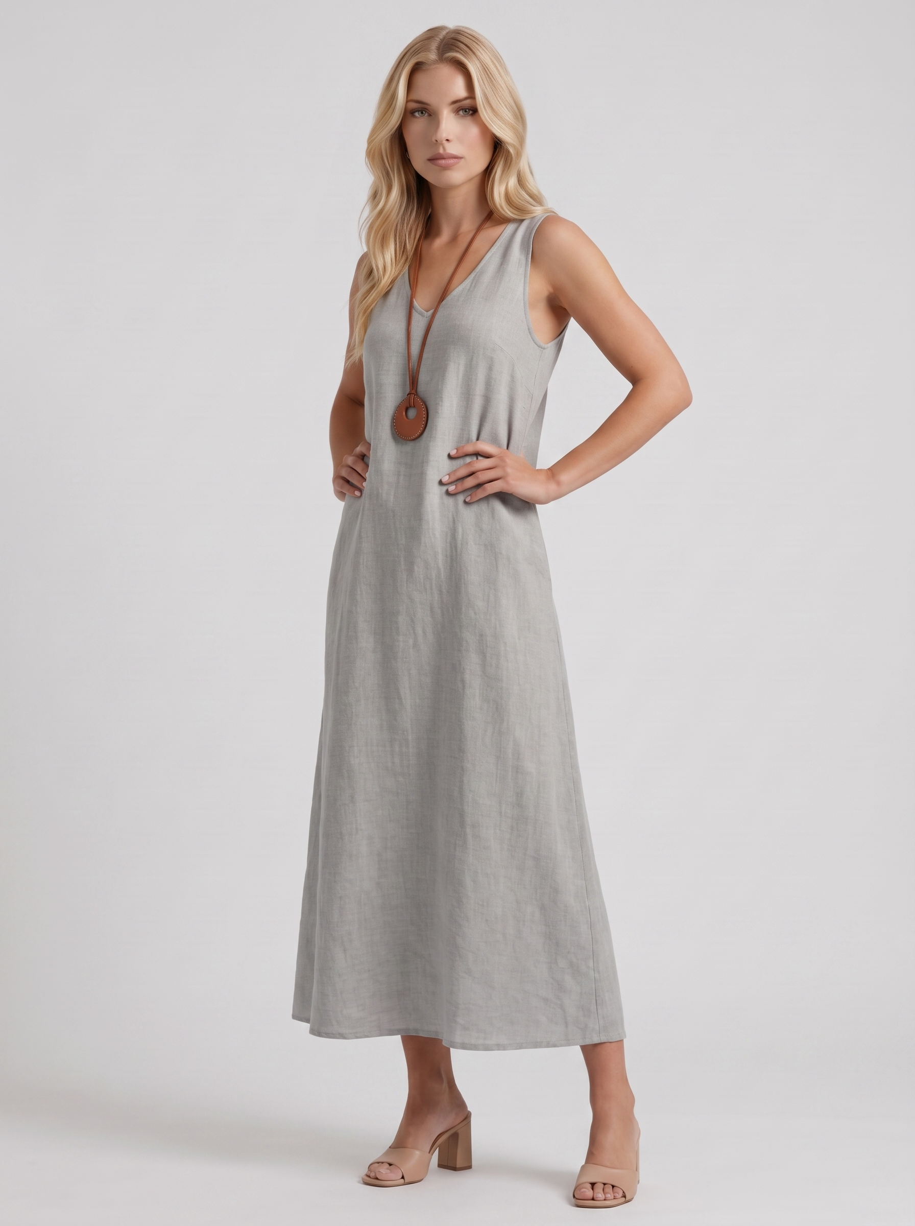 Women grey midi dress with v neckline and sleeveless