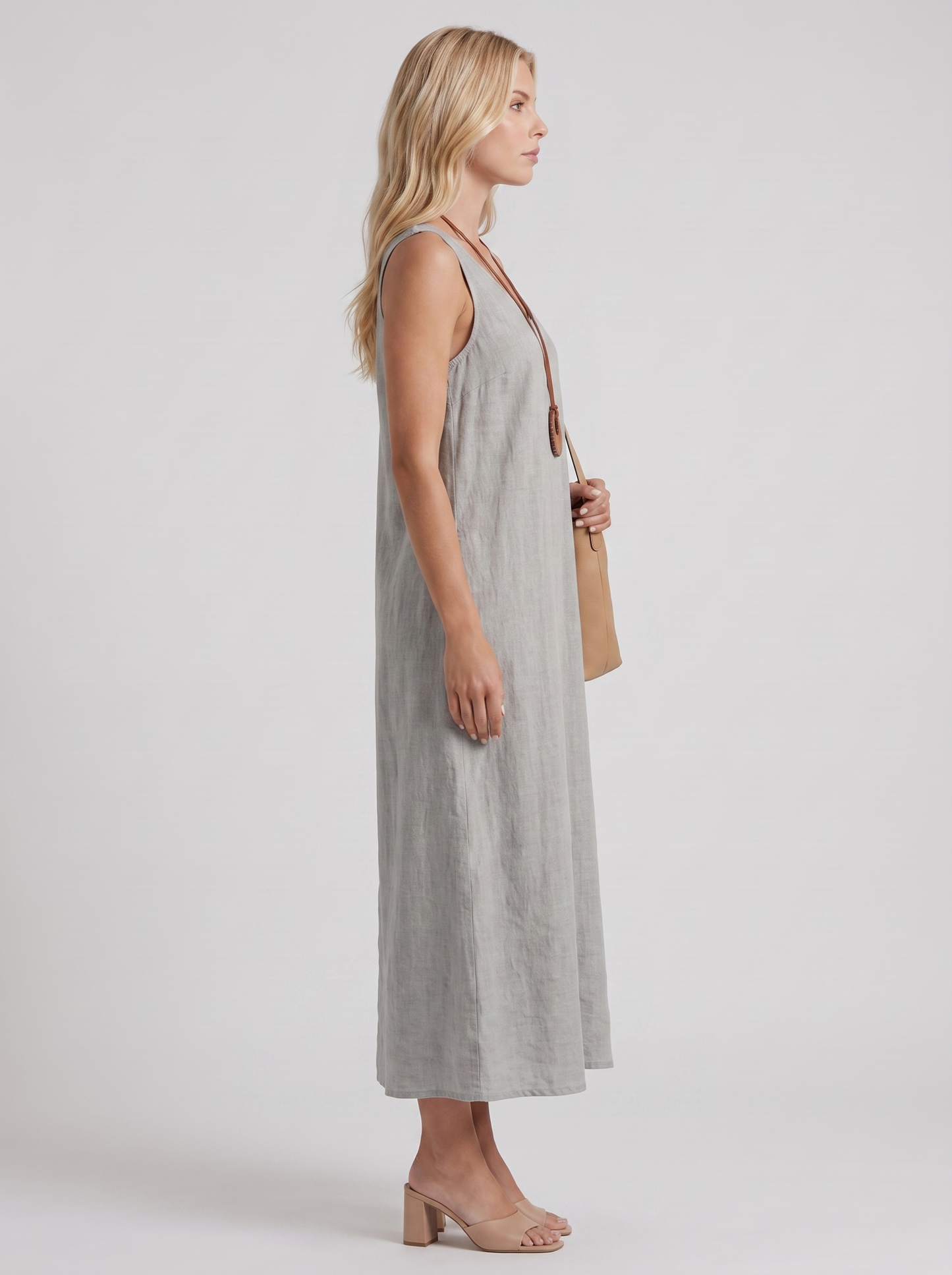 Women grey midi dress with v neckline and sleeveless