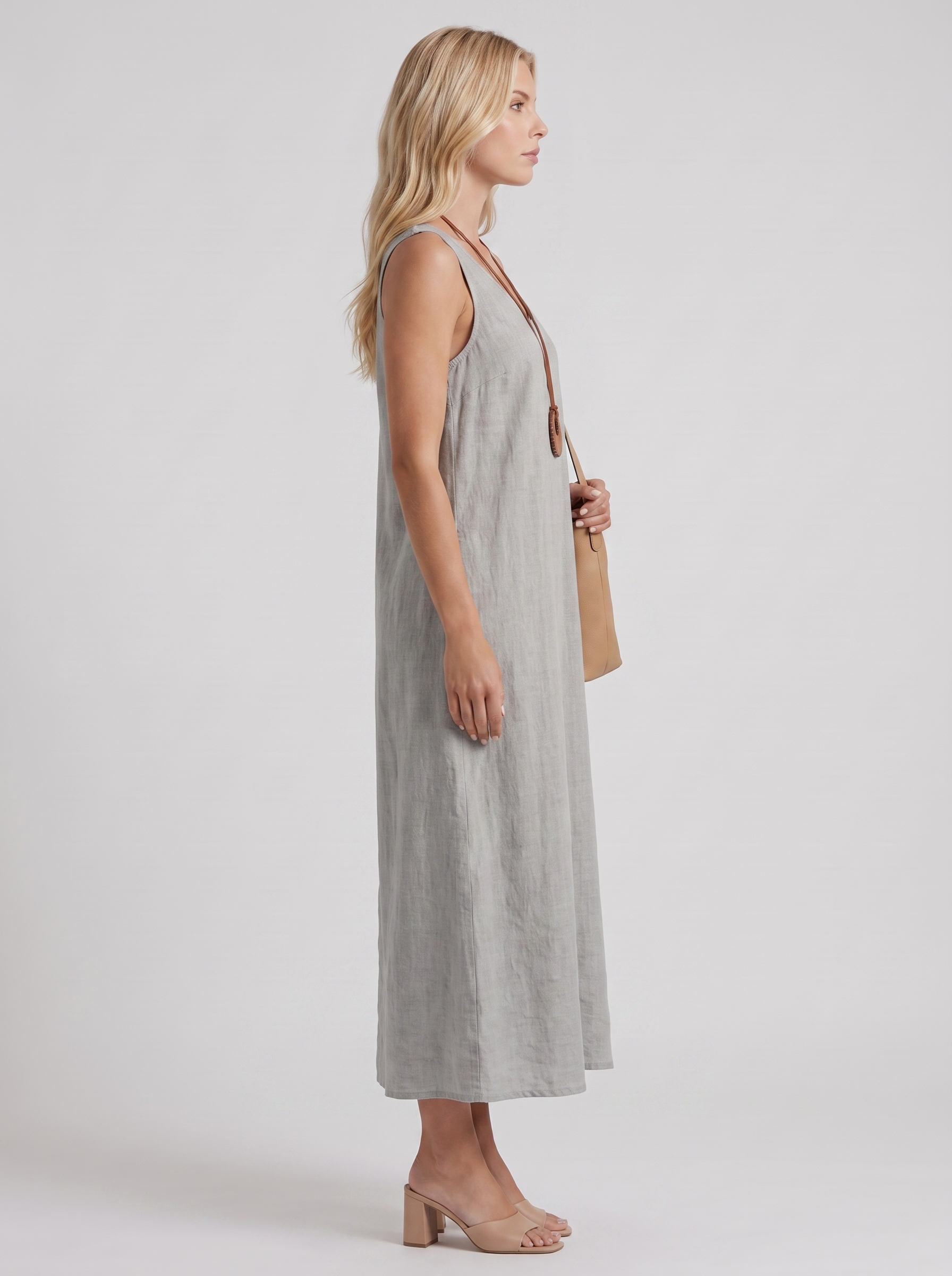 Women grey midi dress with v neckline and sleeveless