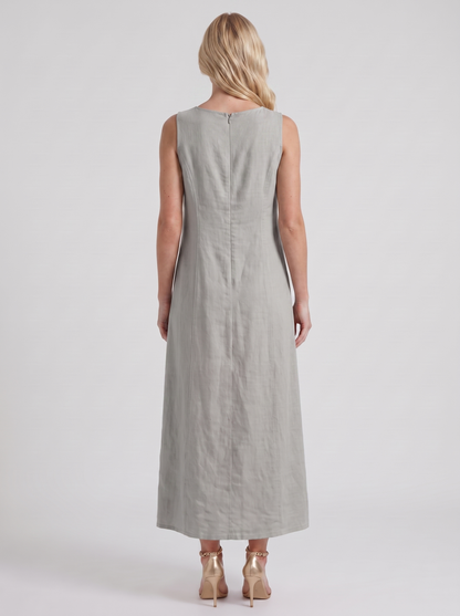 Women grey midi dress with v neckline and sleeveless