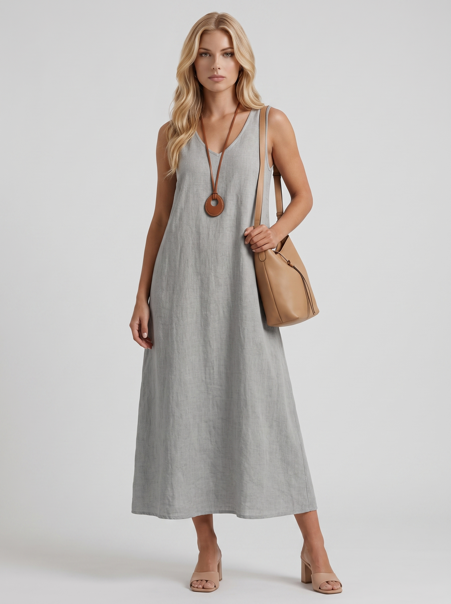 Women grey midi dress with v neckline and sleeveless