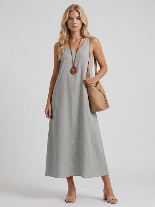 Women grey midi dress with v neckline and sleeveless