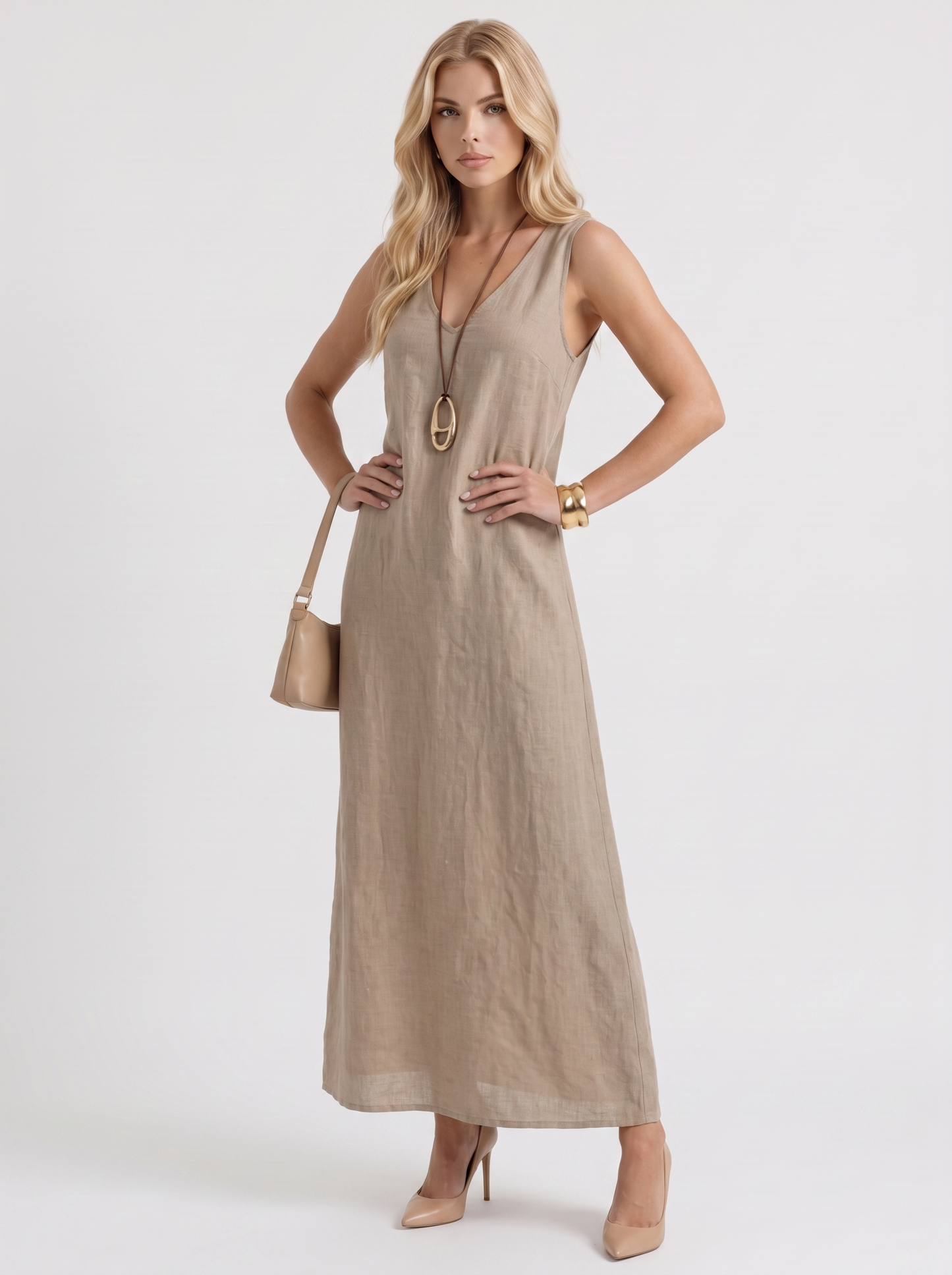 Women khaki midi dress with v neckline and sleeveless