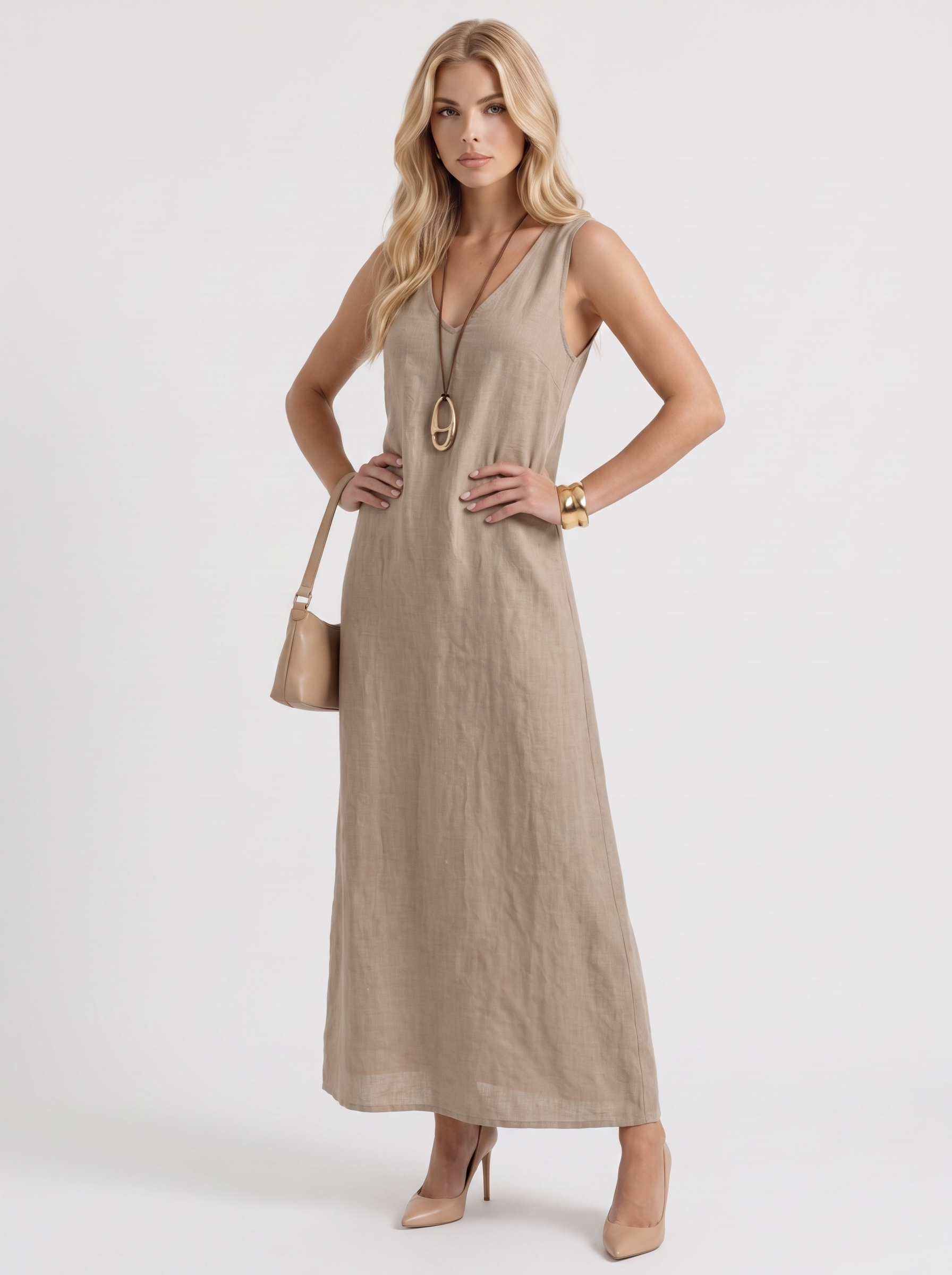 Women khaki midi dress with v neckline and sleeveless
