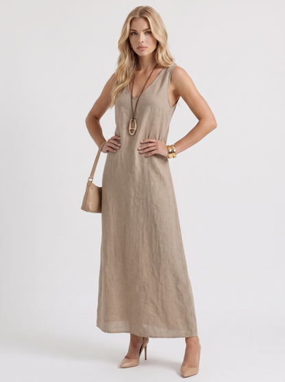Women khaki midi dress with v neckline and sleeveless