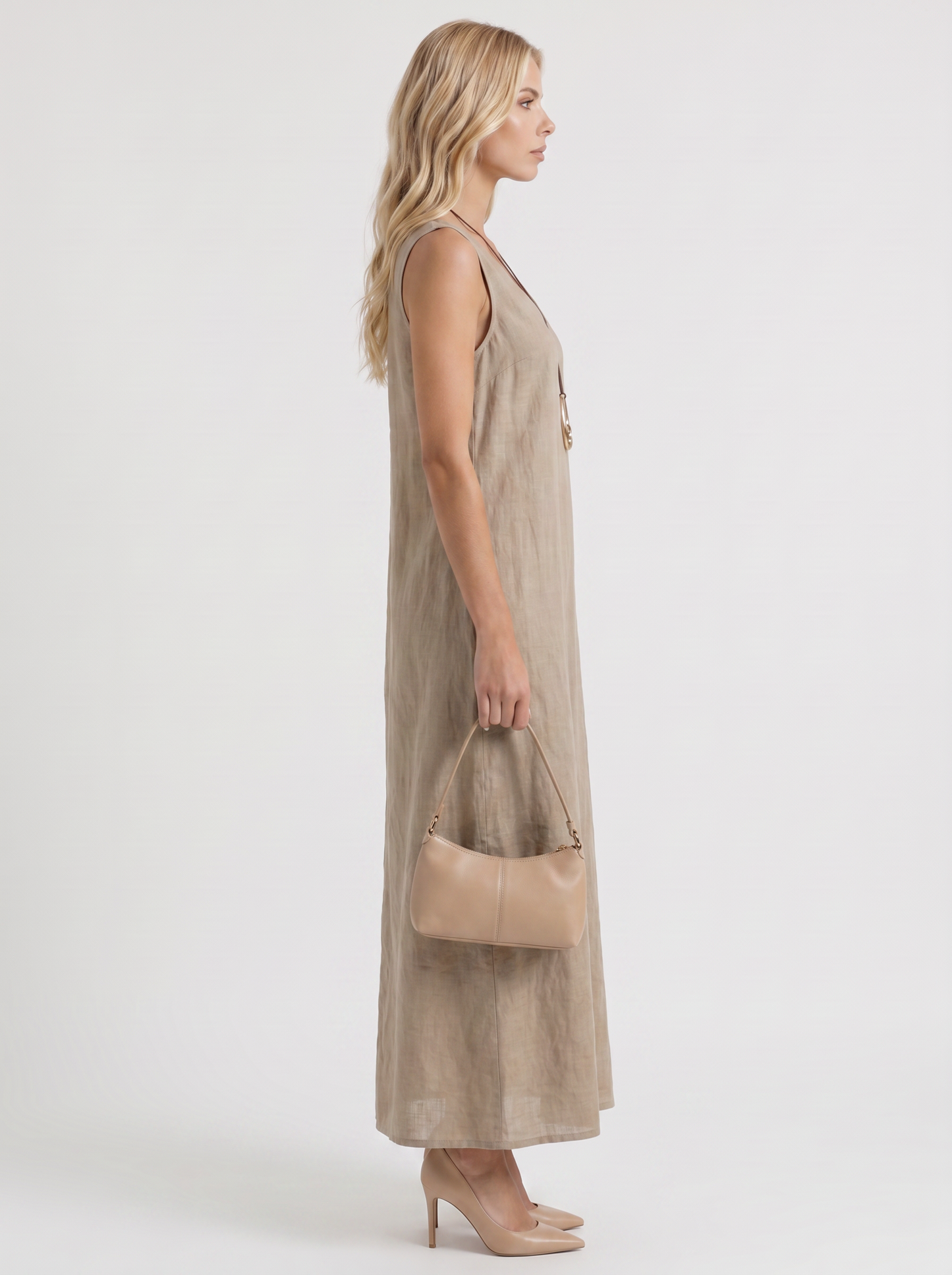 Women khaki midi dress with v neckline and sleeveless