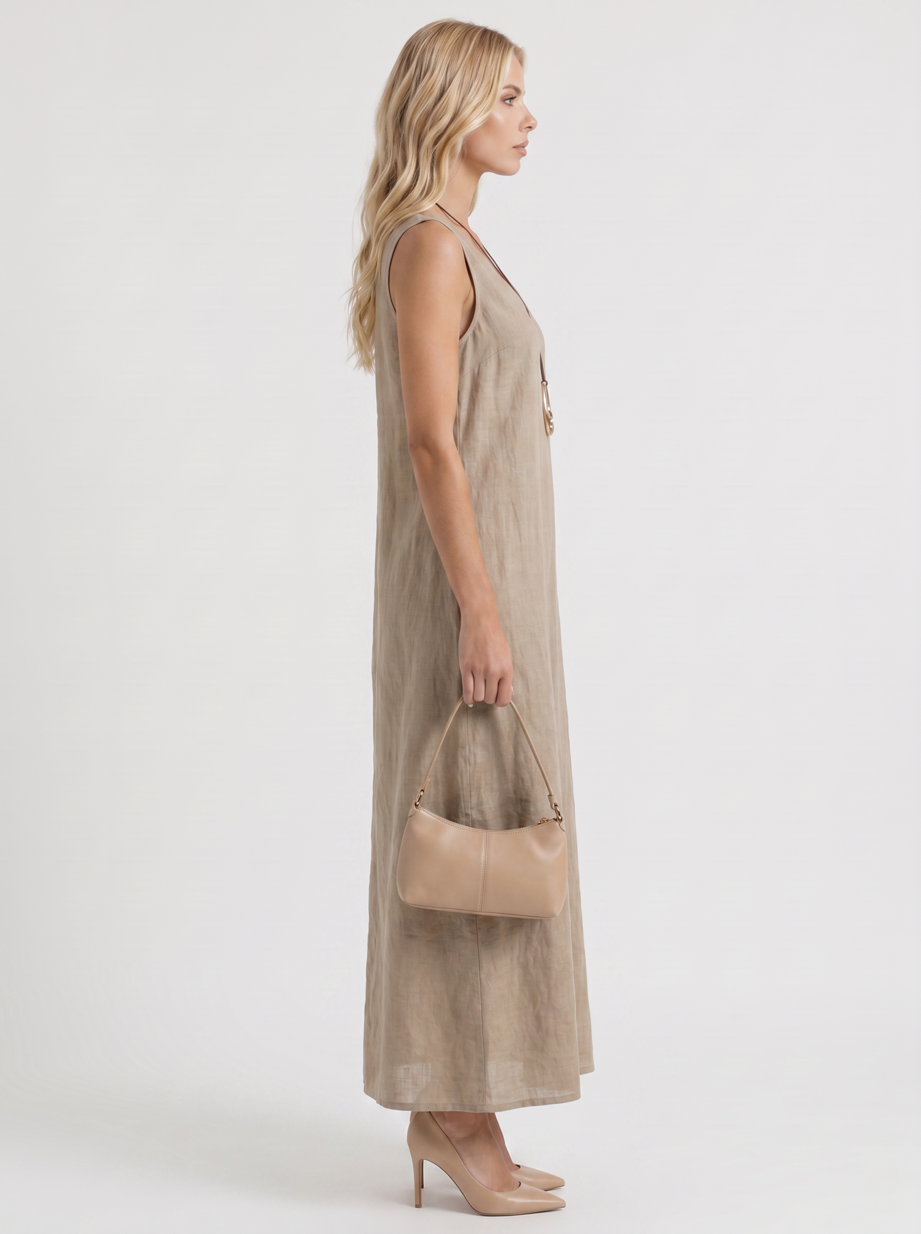 Women khaki midi dress with v neckline and sleeveless