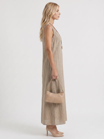 Women khaki midi dress with v neckline and sleeveless