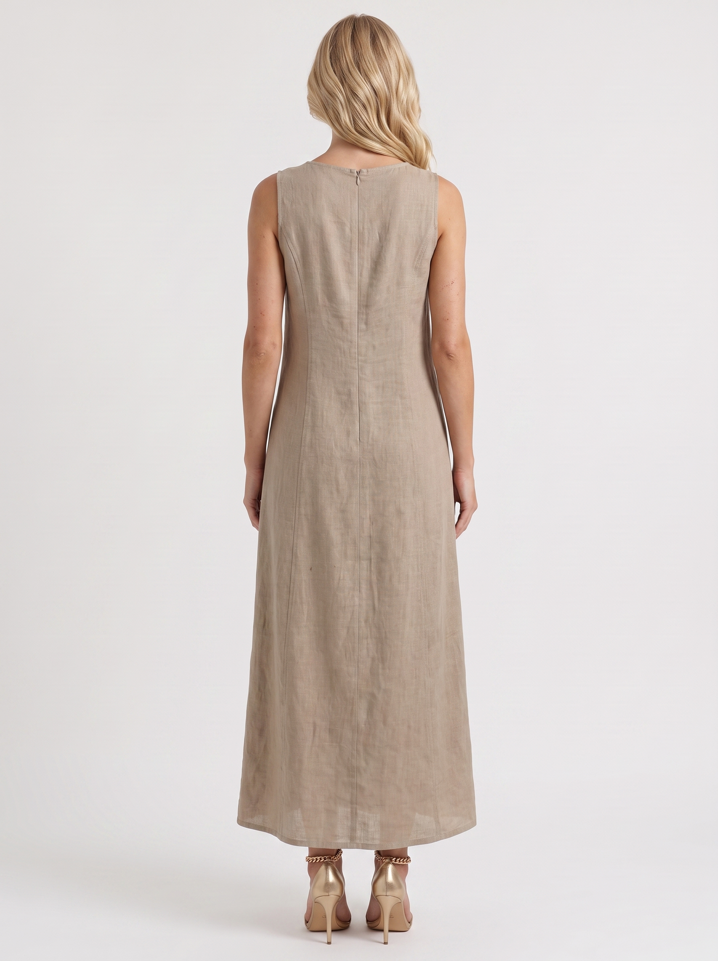 Women khaki midi dress with v neckline and sleeveless