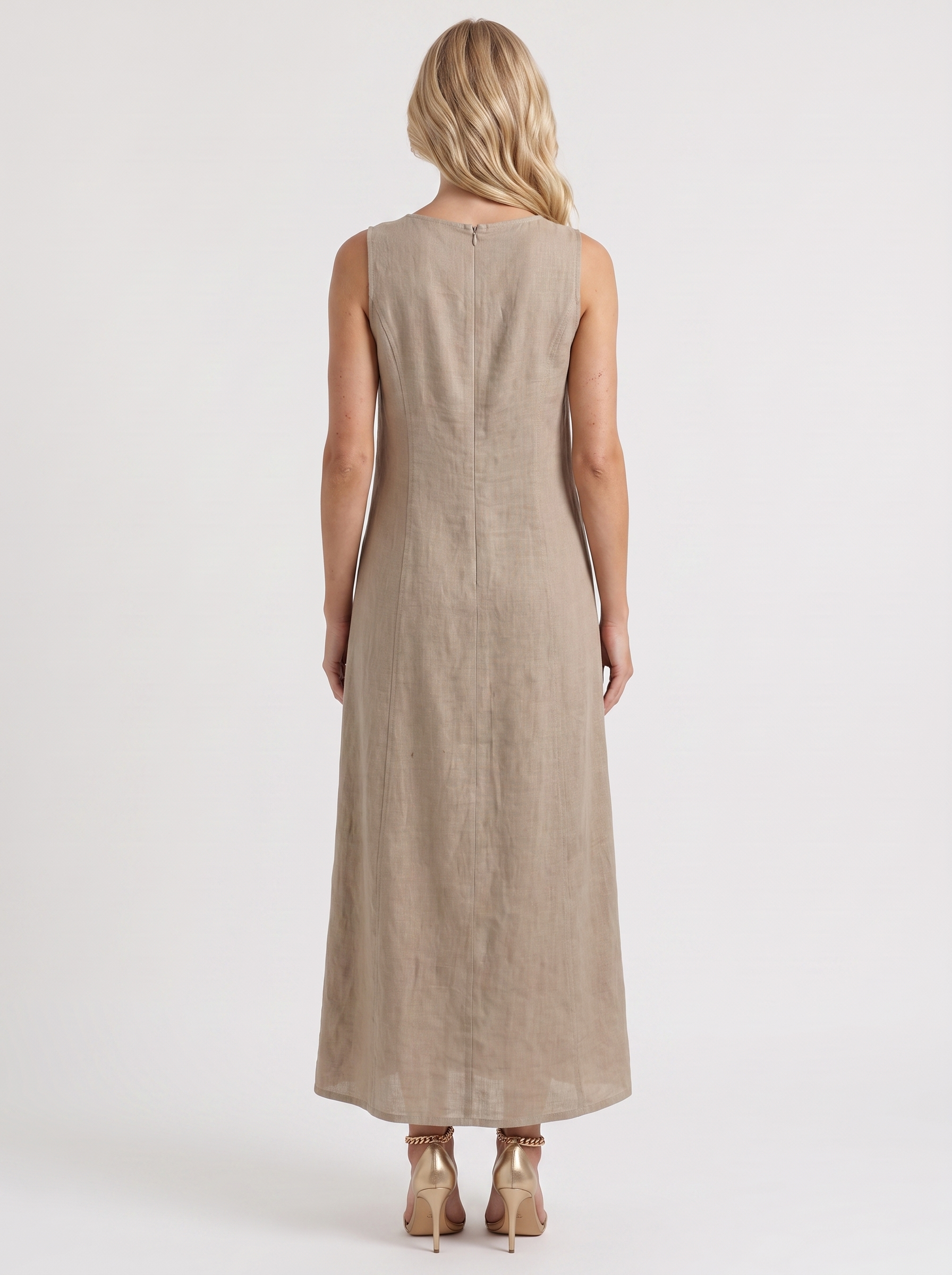 Women khaki midi dress with v neckline and sleeveless