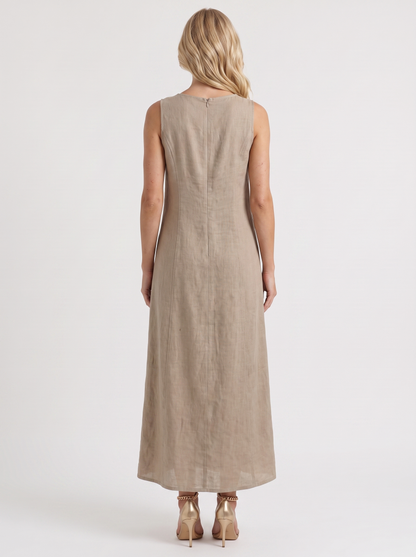 Women khaki midi dress with v neckline and sleeveless