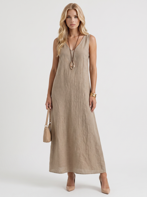 Women khaki midi dress with v neckline and sleeveless