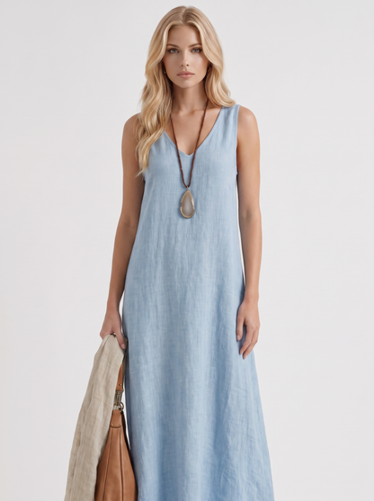 Women light blue midi dress with v neckline and sleeveless