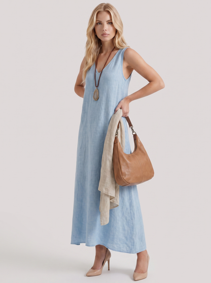 Women light blue midi dress with v neckline and sleeveless