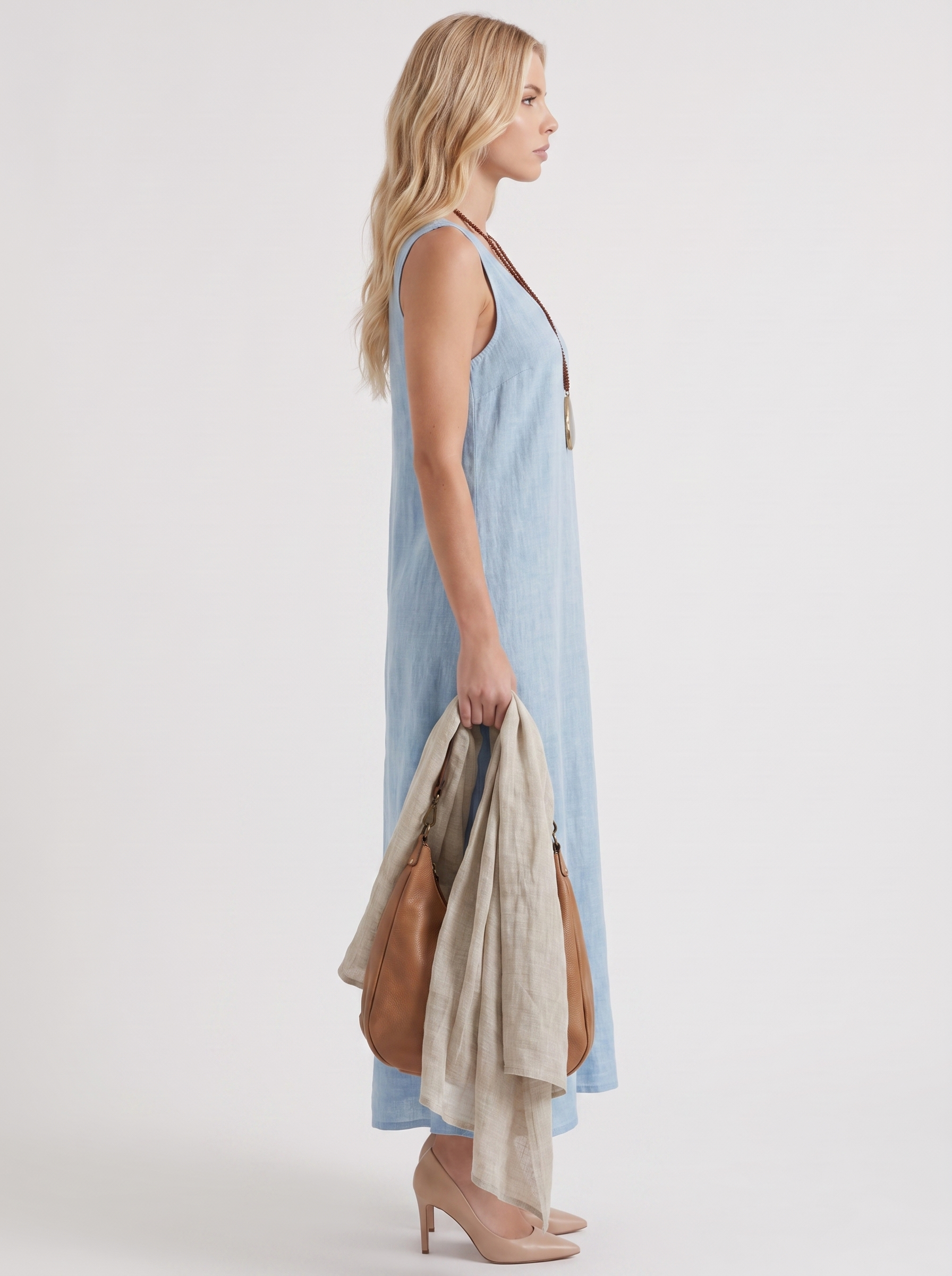 Women light blue midi dress with v neckline and sleeveless