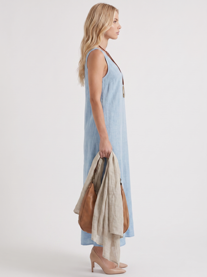 Women light blue midi dress with v neckline and sleeveless